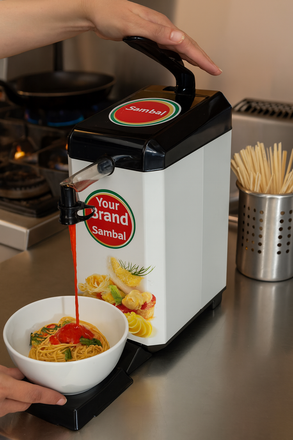 Dyspenser UNI2 w użyciu – szybkie, czyste porcjowanie sosu